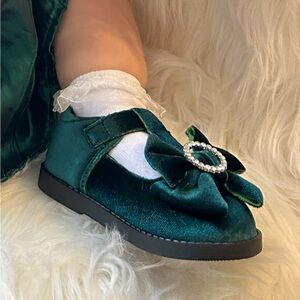 Mary Jane  Christmas  Velvet Kids Shoes with Bow - Green